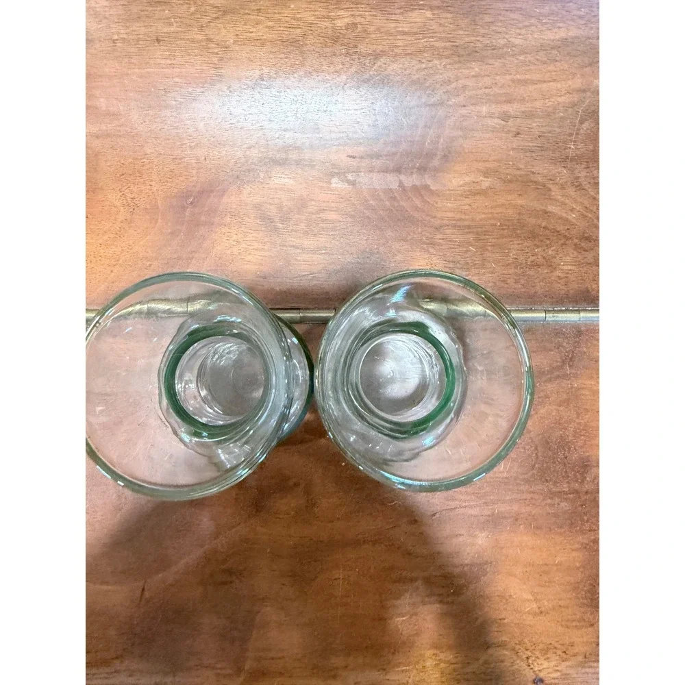 Vintage Hand Blown Glass Bud Vases Pair Green Banded Clear Hourglass 4 Inch